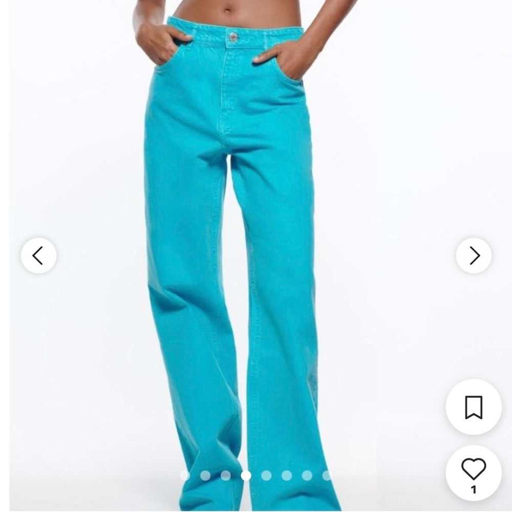 NWT ZARA Full Length High Waist Wide Leg Turquoise Jeans Five Pocket Size 10 - Picture 4 of 17